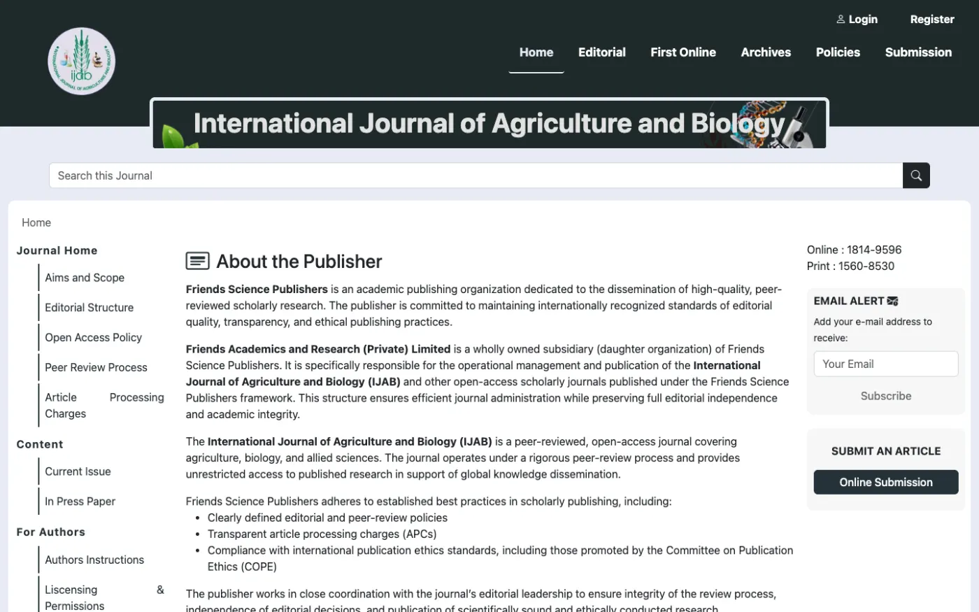 Screenshot of International Journal of Agriculture and Biology